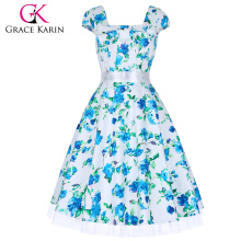 Grace Karin Cap Sleeve Square Neck Summer Floral Print Algodão Vestidos CL4598-8